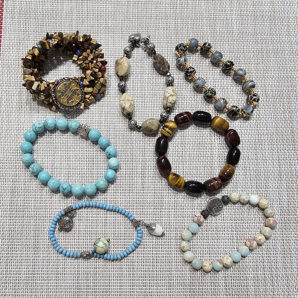 Gemstone and Bead Stretchy and Toggle Bracelet Bundle Set of 7 Bracelets